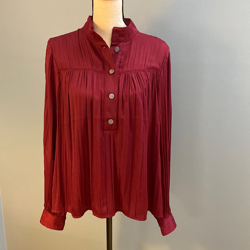 Anthropologie silky polyester raspberry colored long sleeved blouse NWT